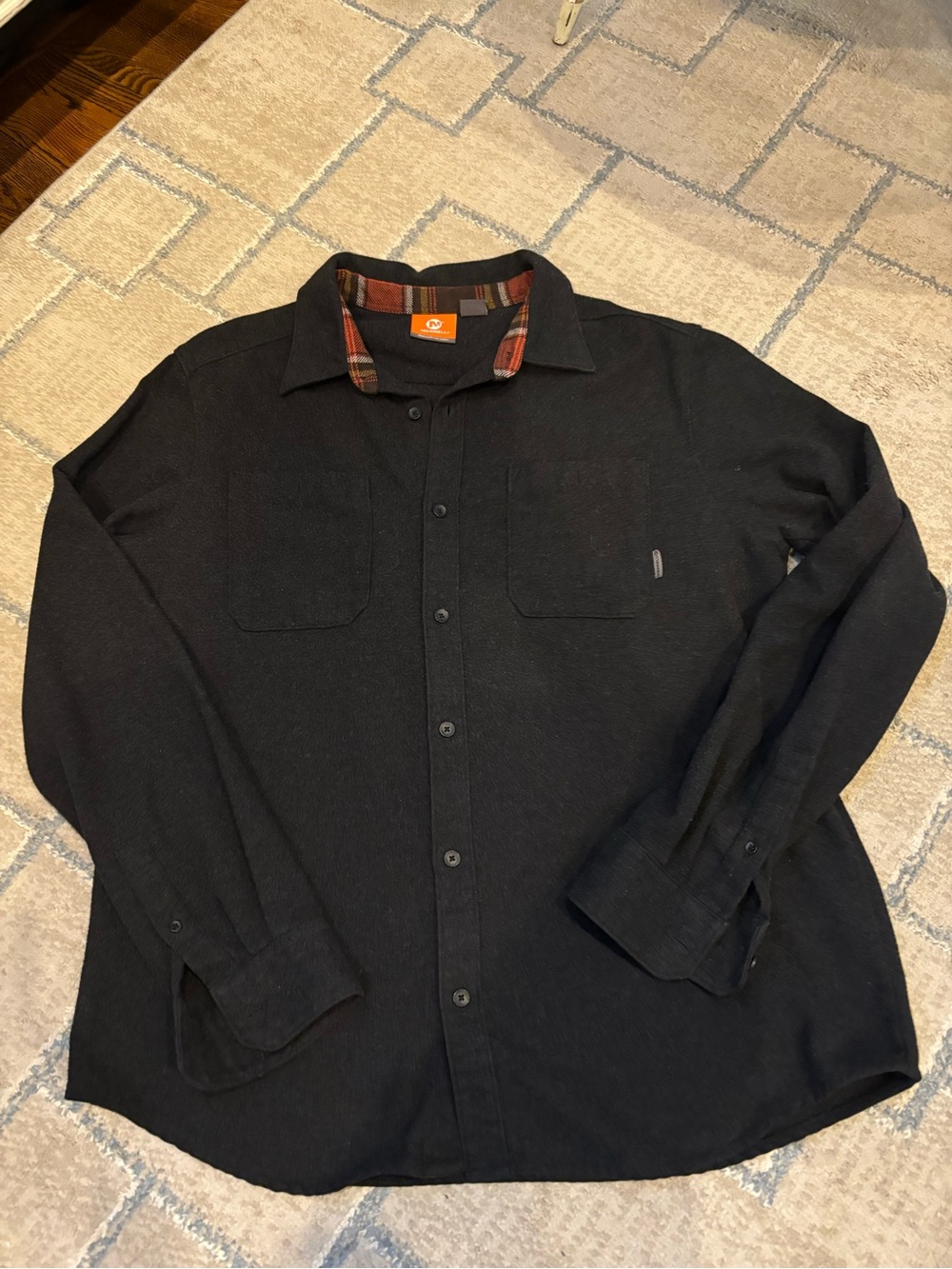 Merrell Black Button-Down Wool Shirt with Orange Plaid Collar Detail